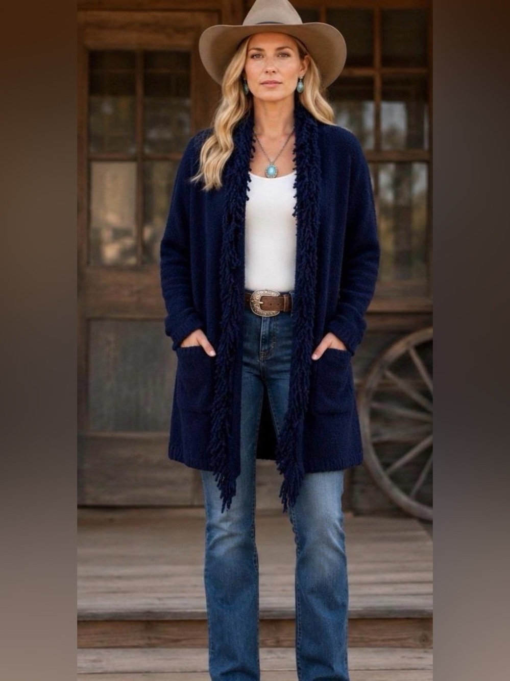 J Jill Navy Blue Long Sweater Bohemian Cottage Coquette Open Front Fringe XL